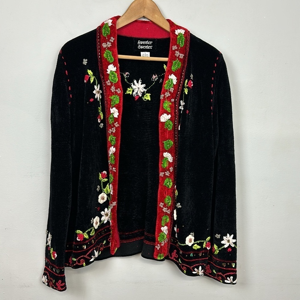 Vintage Chenille Holiday Decor Beaded Embroidered Christmas Cardigan Sz L - Picture 3 of 12